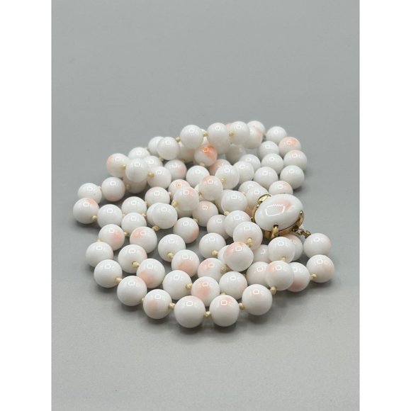 Signed TRIFARI Faux Angel Skin Coral Necklace Glass Beads Hand Knotted Strand - Picture 3 of 13